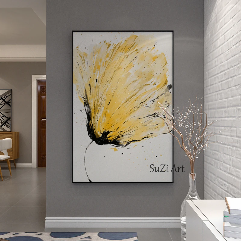 

100% Hand Painted Modern Abstract Oil Painting Yellow Flower On Canvas Wall Art Picture For Dining Room Bedroom Home Decor Porch