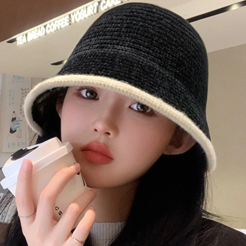 

Ins Fisherman Hat Four Seasons Women's Knitted Bucket Hats Casual Basin Cap Outdoor Korean Solid Striped Caps for Female