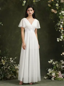 فستان وصيفة العروس أبيض أنيق مع رقبة على شكل حرف V وأكمام مرفرفة - فستان حفلات الزفاف عالي الخصر للعروس والغالاس |   بيبي آن لاين 6