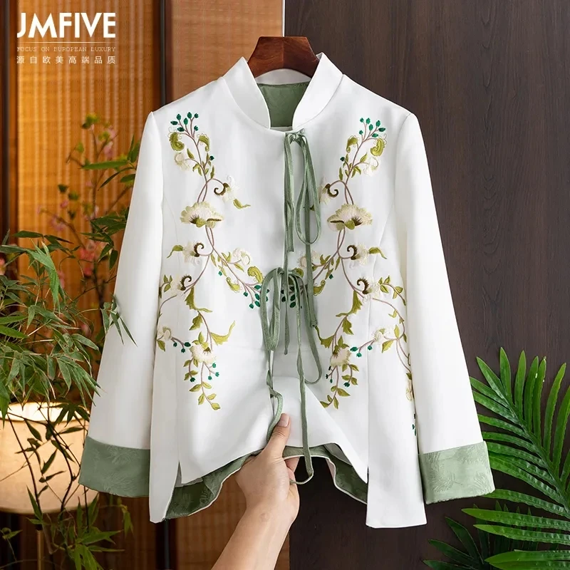 Short Coat Women's New Spring Product National Stand Collar Lace Embroidery Coat Women Elegant Lace Up Tang Suit Cardigan Female