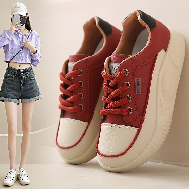 

Retro Thick Sole Solid Color Female Sneakers 2024 Spring Hot Sale Women Casual Shoes Fashion Comfortable Anti Slip Red Vulcanize