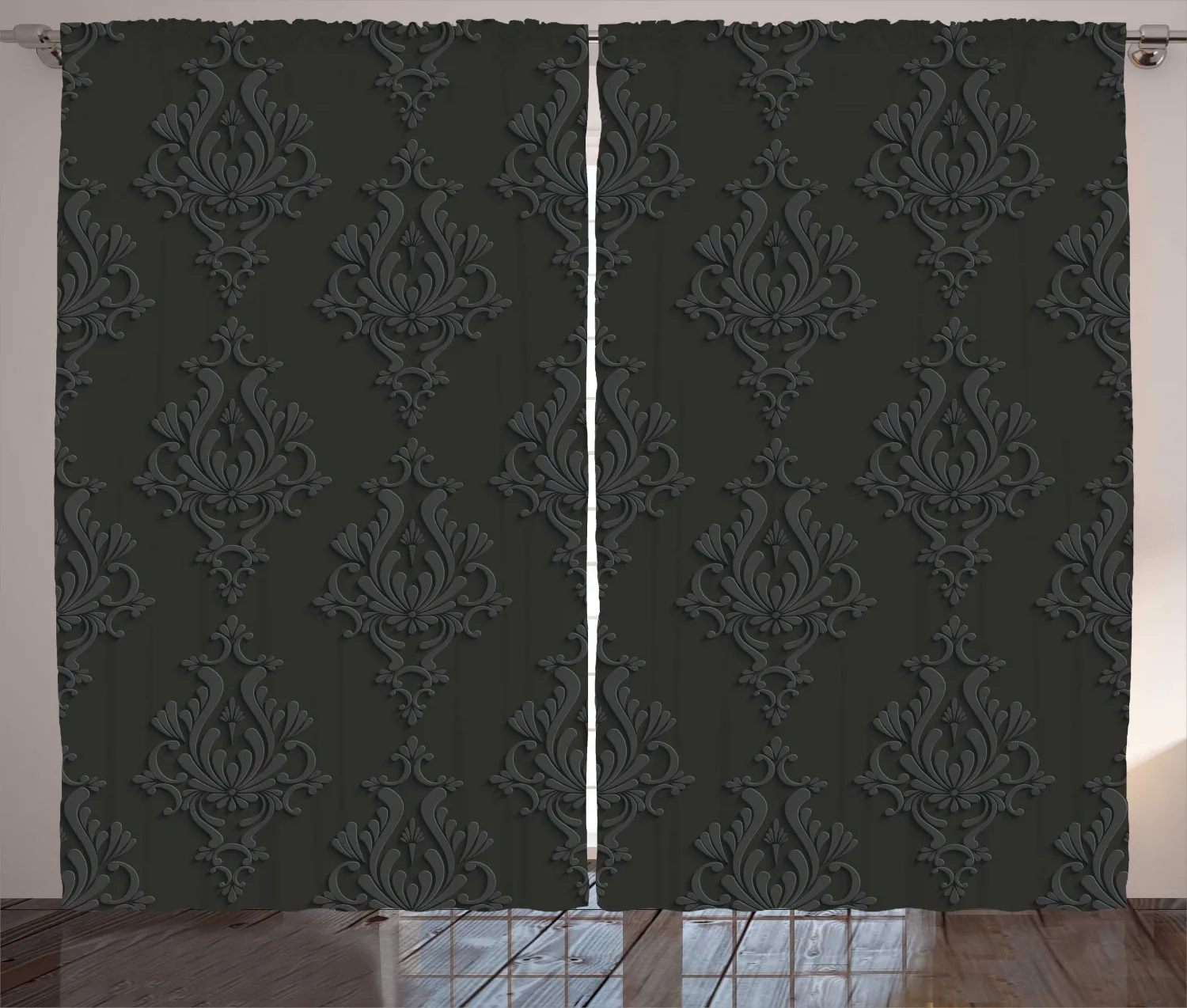 Dark Grey Curtains Antique Damask Pattern in 3D Style Satin Fabric Drapes for Living Room Bedroom 2 Panel Window Set | Дом и сад