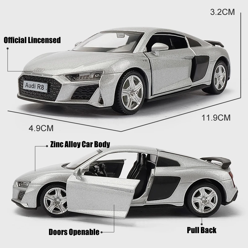 1/36 Audi R8 Coupe GT Spyder Toy Car Model RMZ City 3'' Diecast Super Sport Racing Miniature Pull Back Collection Gift Kid Boy 2