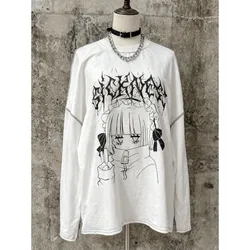 Vintage Gothic Black Women's Punk Graphic Long Sleeve T - Shirt - Streetwear Style - M (604 White)