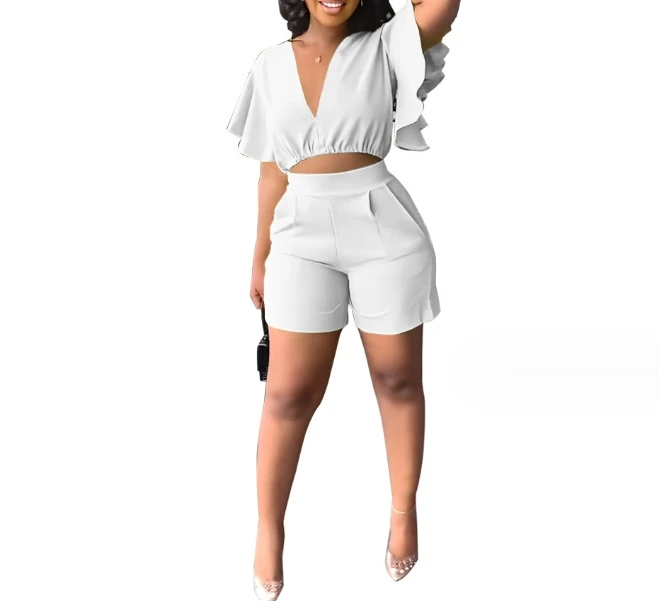 Women Casual Summer Two-piece Outfits Solid Color V-neck Ruffle Short Sleeve Crop Top and Pockets Straight Leg Work Shorts Set