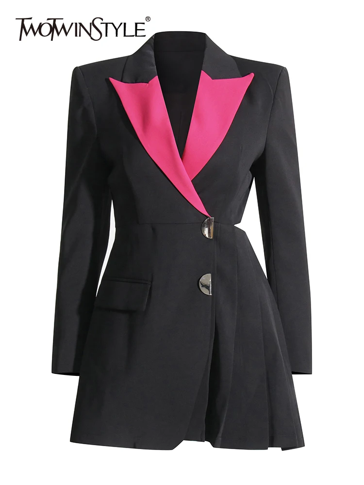 

TWOTWINSTYLE Colorblock Slimming Elegant Dresses For Women Notched Collar Long Sleeve High Waist Hollow Out Chic Dress Female