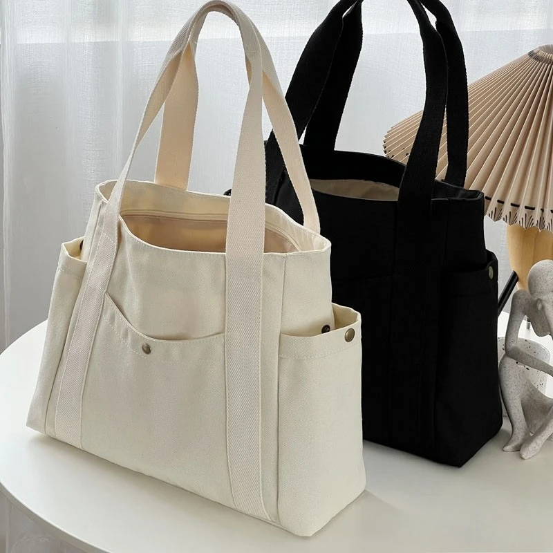 Große Canvas-Tragetasche mit mehreren Taschen, minimalistische Schulterhandtasche für Arbeit, Reisen und den täglichen Gebrauch – Detail 2