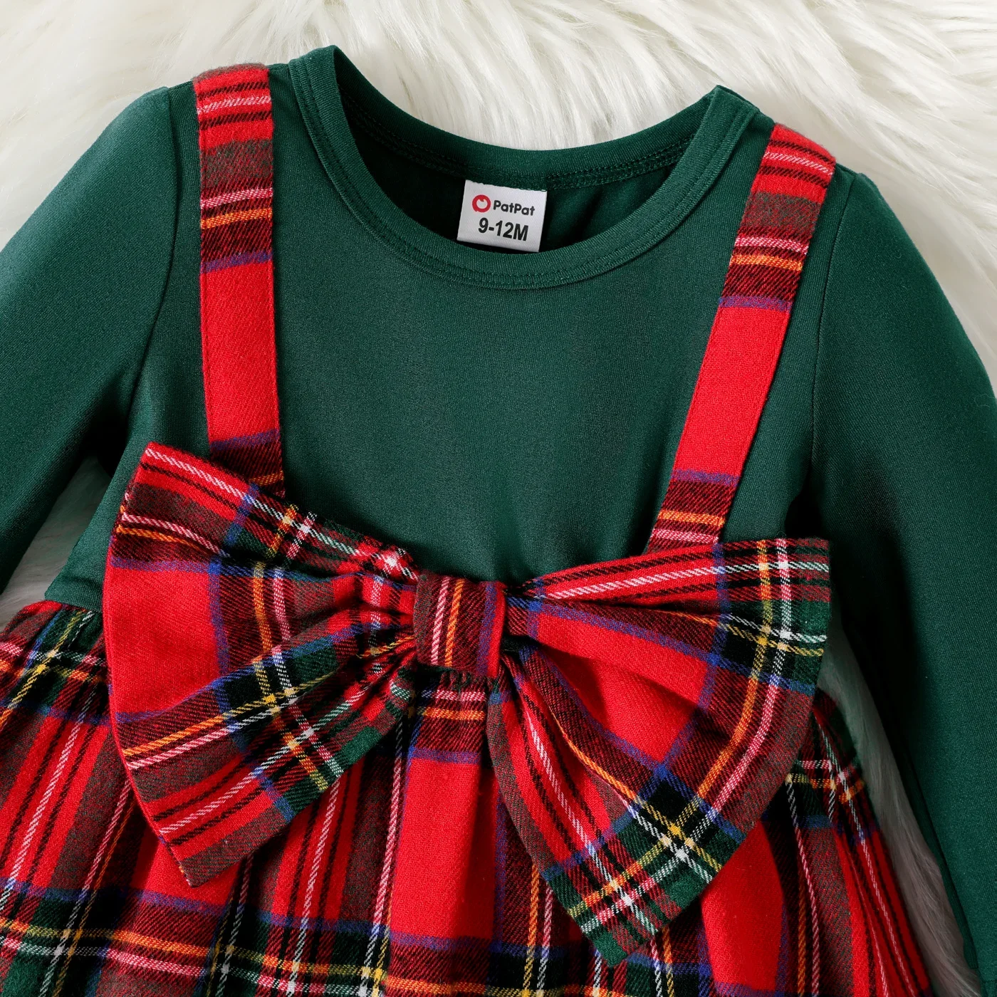 Baby Girl Dress PatPat Solid Long-sleeve Spliced Red Plaid Bow Front Outings Daily Wear Christmas