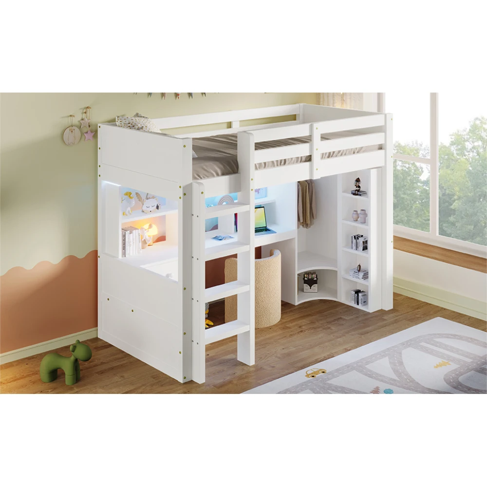 90 x 200 cm/140 x 200 cm hohes Etagenbett, mit LED-Leuchten und Kleiderschrank, Bett mit Schreibtisch und Schubladen, Aufbewahrungsfach, keine Matratze – Detail 17