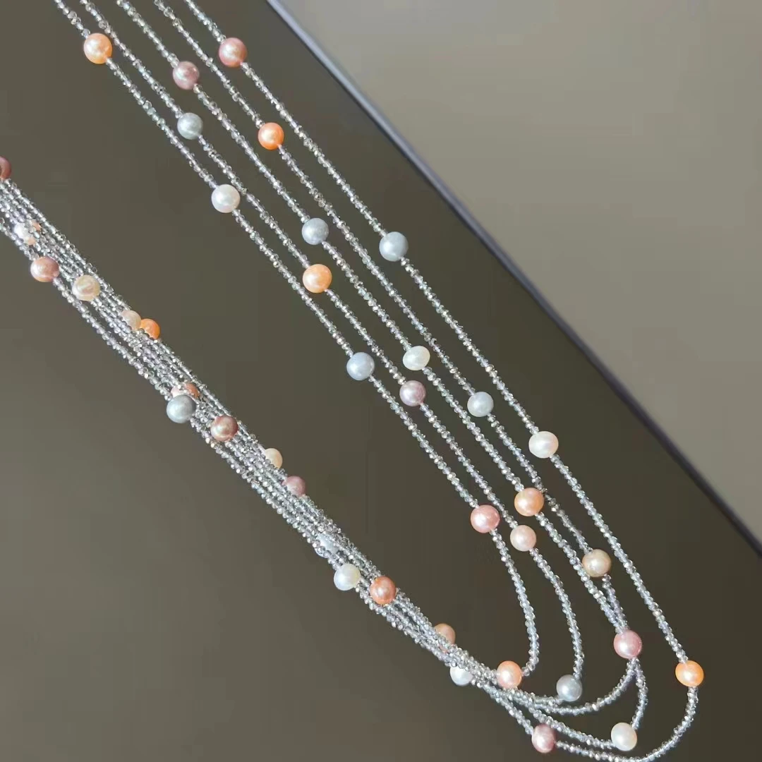 5 Strands Natural Colorful Pearl Gray Faceted Crystal Necklace Handmade Multi Strands Necklace Fashion Jewelry