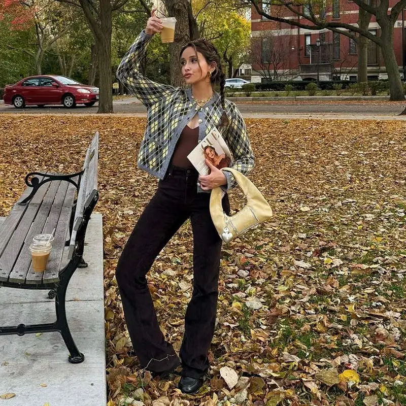 Plaid Knitted Slim Cardigan Women Autumn O-neck Long Sleeve Metal Button Short Sweater Coat Lady All-matching Knitwear New