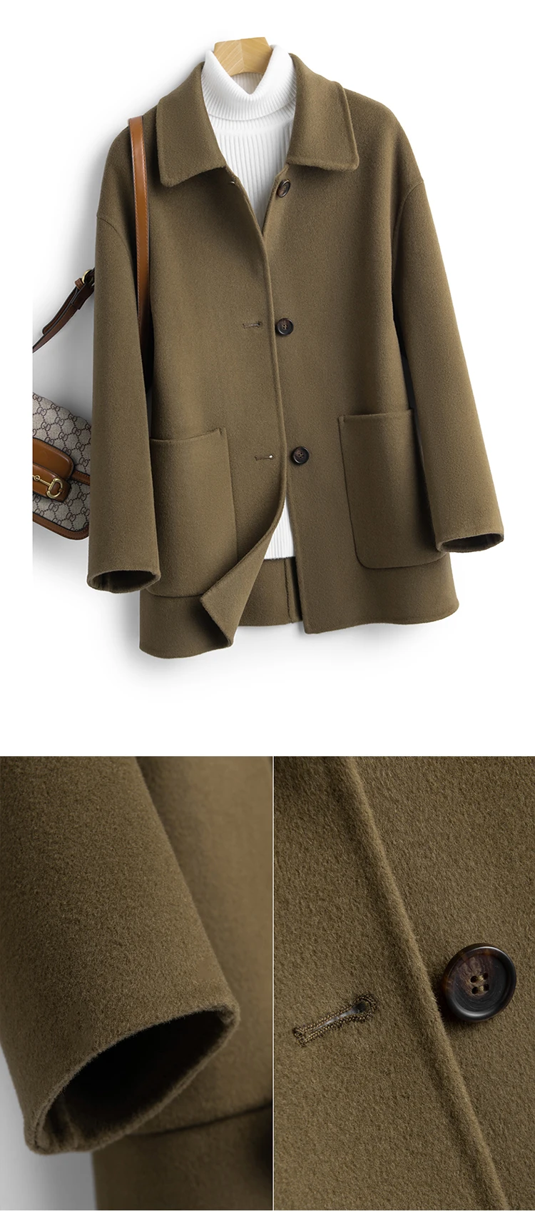 Herbst-Winter-Mantel für Damen, Wollmantel mit Anzugkragen, Koreanischer Einreihiger Mantel mit Taschen, Doppelseitiger Kaschmirmantel, Kurze Oberbekleidung für Frauen – Detail 13