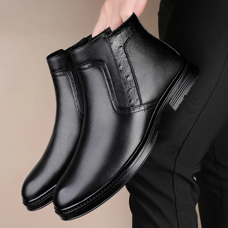 Shoes for Men 2023 Fashion Zipper Men's Boots Winter Round Toe Solid Plush Warm Short Barrel Chunky Heels Large Size Naked Boots