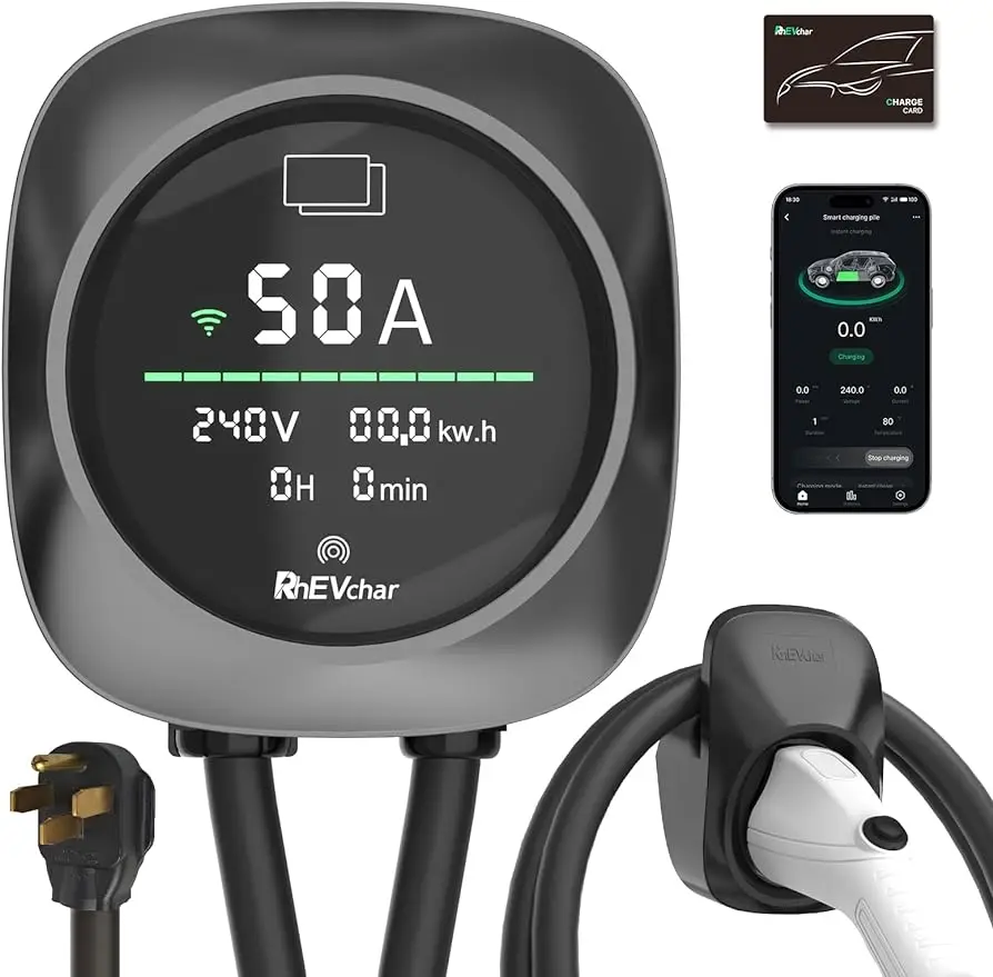 

EV Charger 50 Amps, Smart Screen Level 2 Charging Station with WiFi, 240V J1772 Home Electric Vehicle Charger NEMA