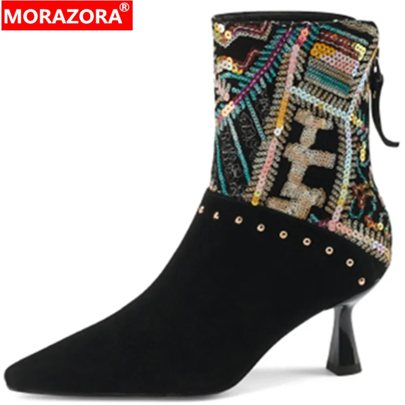 

MORAZORA 2022 New Mixed Colors Ankle Boots Street Style Winter Thin High Heels Shoes Zipper Kid Suede Women Boots