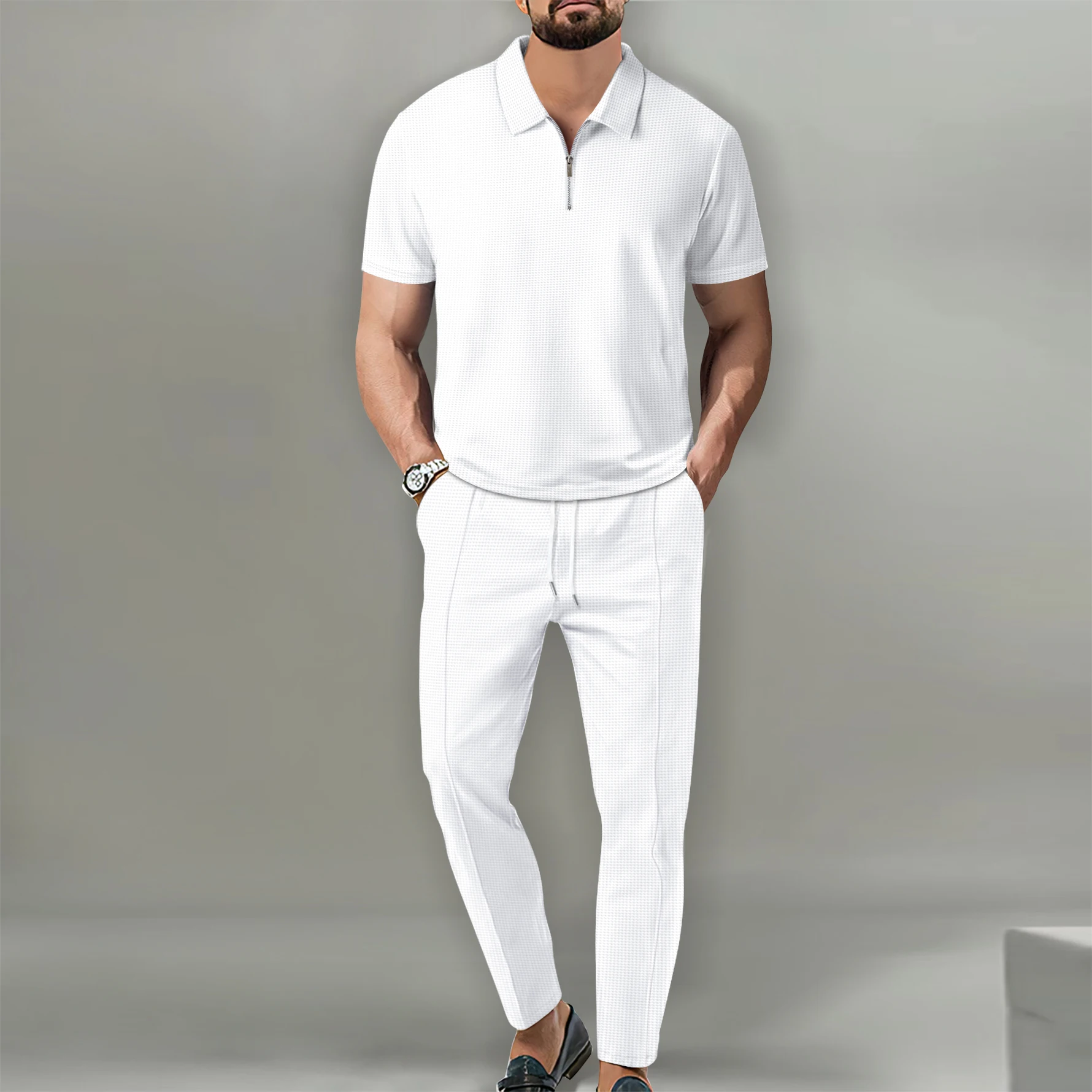 Men's casual Business Waffle fabric short sleeve zipper polo top and drawstring waffle pants suit