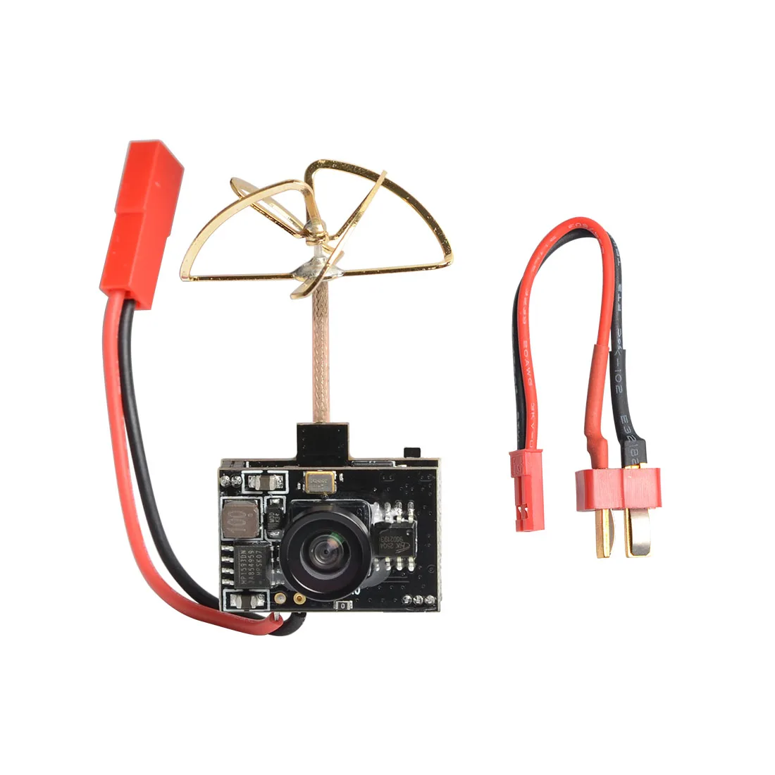 Détail du boîtier de la caméra AIO FPV AKK Piggyback 5.8G 40CH 400mW montrant les connecteurs et l'OSD SmartAudio.