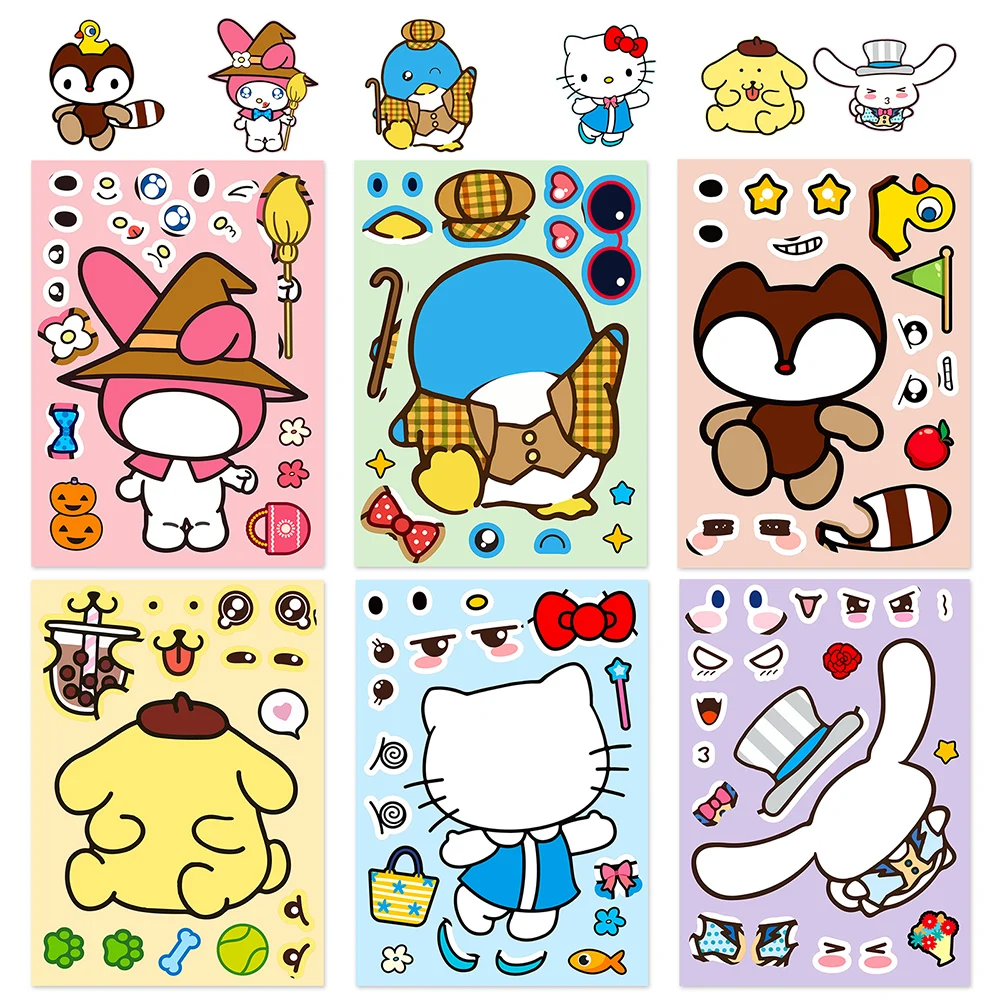 

6/12sheets Sanrio Hello Kitty My Melody TuxedoSam Cartoon Puzzle Stickers Kid Make a Face Game Sticker Funny Assembly Jigsaw Toy