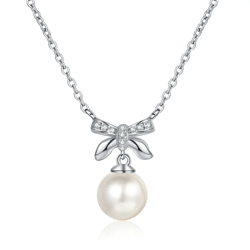 S925 Sterling Silver Women Moissanite Pearl Necklace Bow Sweet Pendant Cute Girl Style Collar Chain