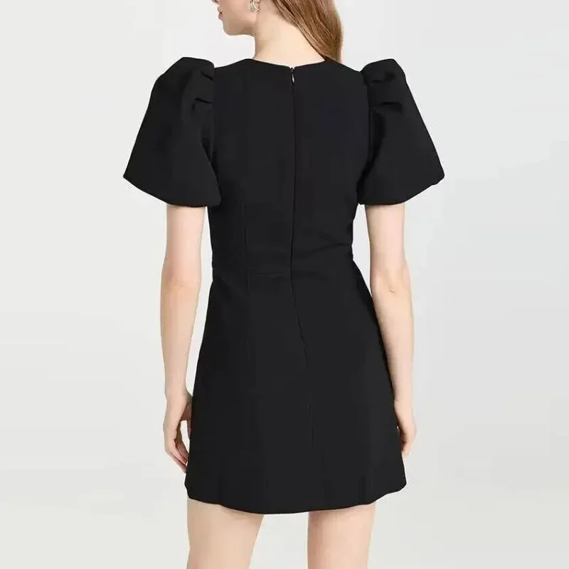 Vestido mini con lazo de moda para mujer, vestido de fiesta elegante de manga corta con retazos calados y diseño de lazo, vestido de calle para mujer