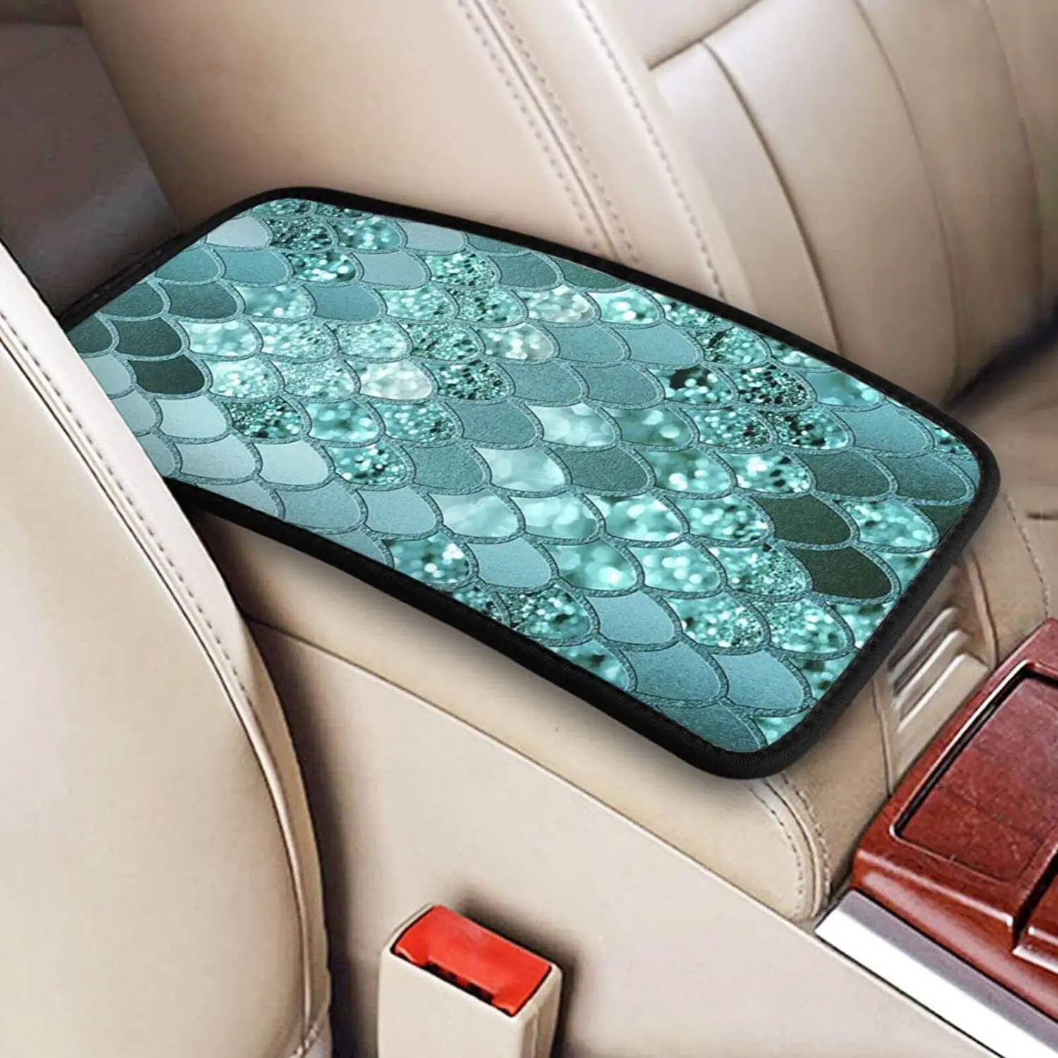 Navy Blue Mermaid Scales Car Console Covers for Cars Universal Fashion Popular Auto Center Console Pad Men Boys Armrest