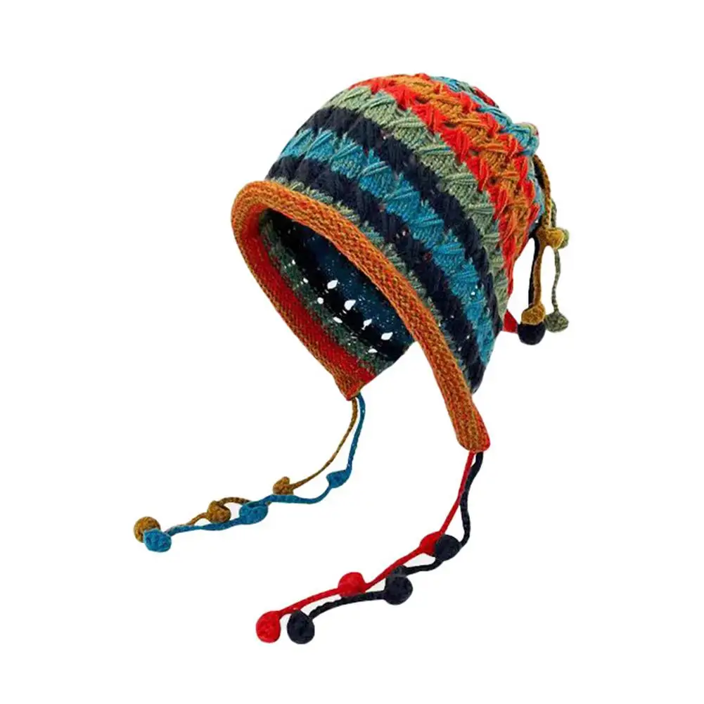 1pc Korean Imitation Handmade Crochet Colored Yarn Hat For Women Winter Fashion Nitted Beanie Cap Hm Earflap Tassel Pompom N2X9