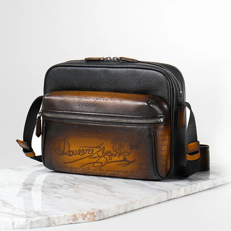 DIMY Men's Genuine Leather Messenger bags Fashion Vintage Double Zipper Men Diagonal Handbags Business Casual Shoulder Bags