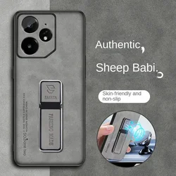Sheepskin Leather Matte Stand Holder Silicone Back Cover Case for Realme GT NEO 6SE (Gray)