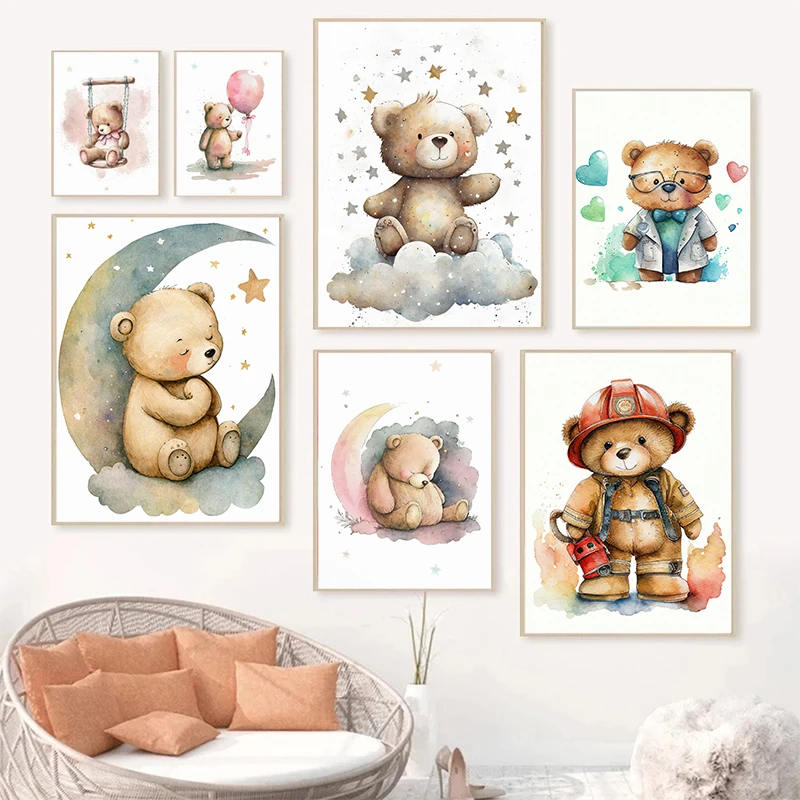 Cute Teddy Bear Gouache Painting Canvas Poster Baby Bear Professional Bear Wall Picture For Living Room Kid Bedroom Home Decor