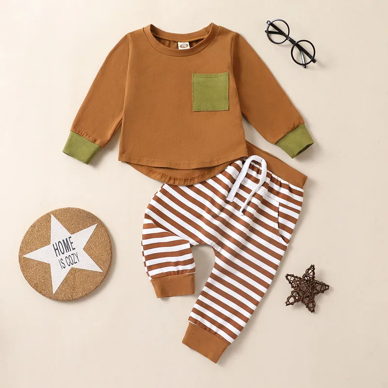 

Toddler Baby Boy Pant Sets Spring Autumn Clothes Contrast Color Pocket Long Sleeve T-Shirts and Elastic Waist Stripe Pants