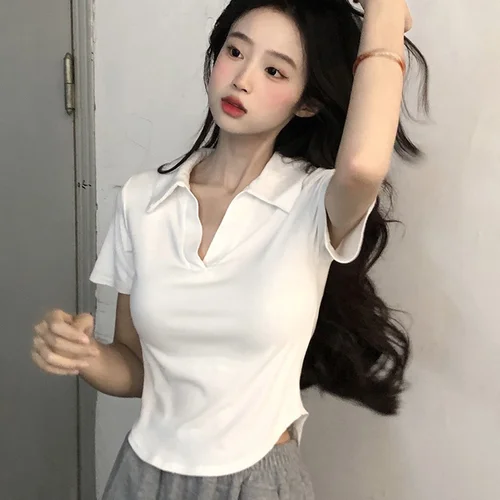옷깃 반팔 티셔츠 여성 새로운 틈새 세련된 순수한 욕망 짧은 최고 Gyaru in 패션 3