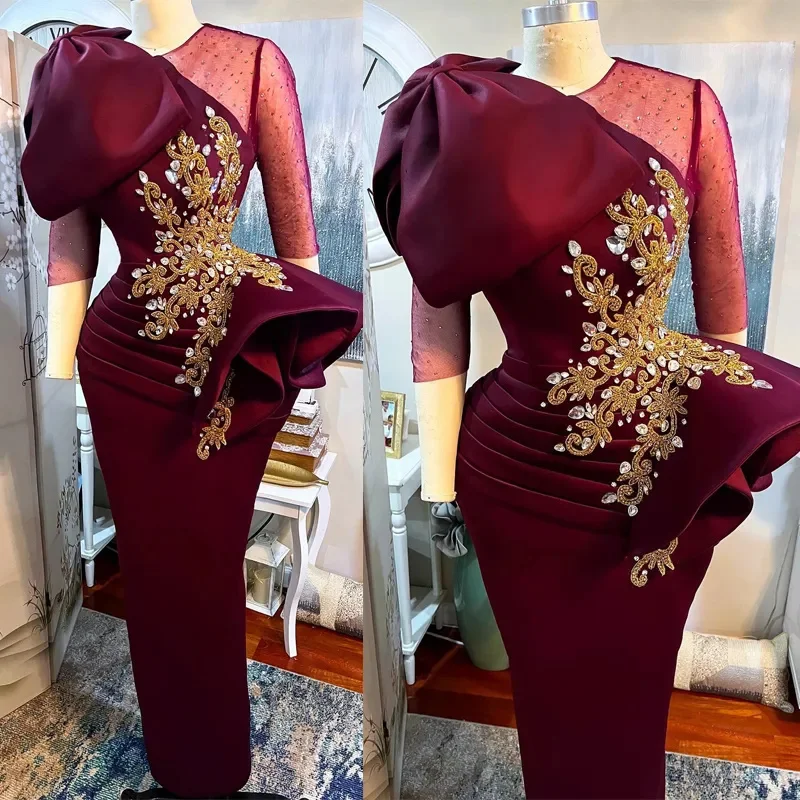 

Wine Red 3/4 Sleeves Evening Dresses Bow Decorated The Shoulder Appliqued Beaded Crystal Simple Tulle Satin Prom Gowns