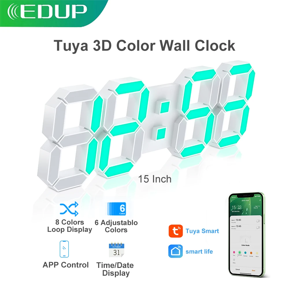 EDUP Wall Clock Tuya Smart Clock Time Date Display 6/8 Colors Alarm