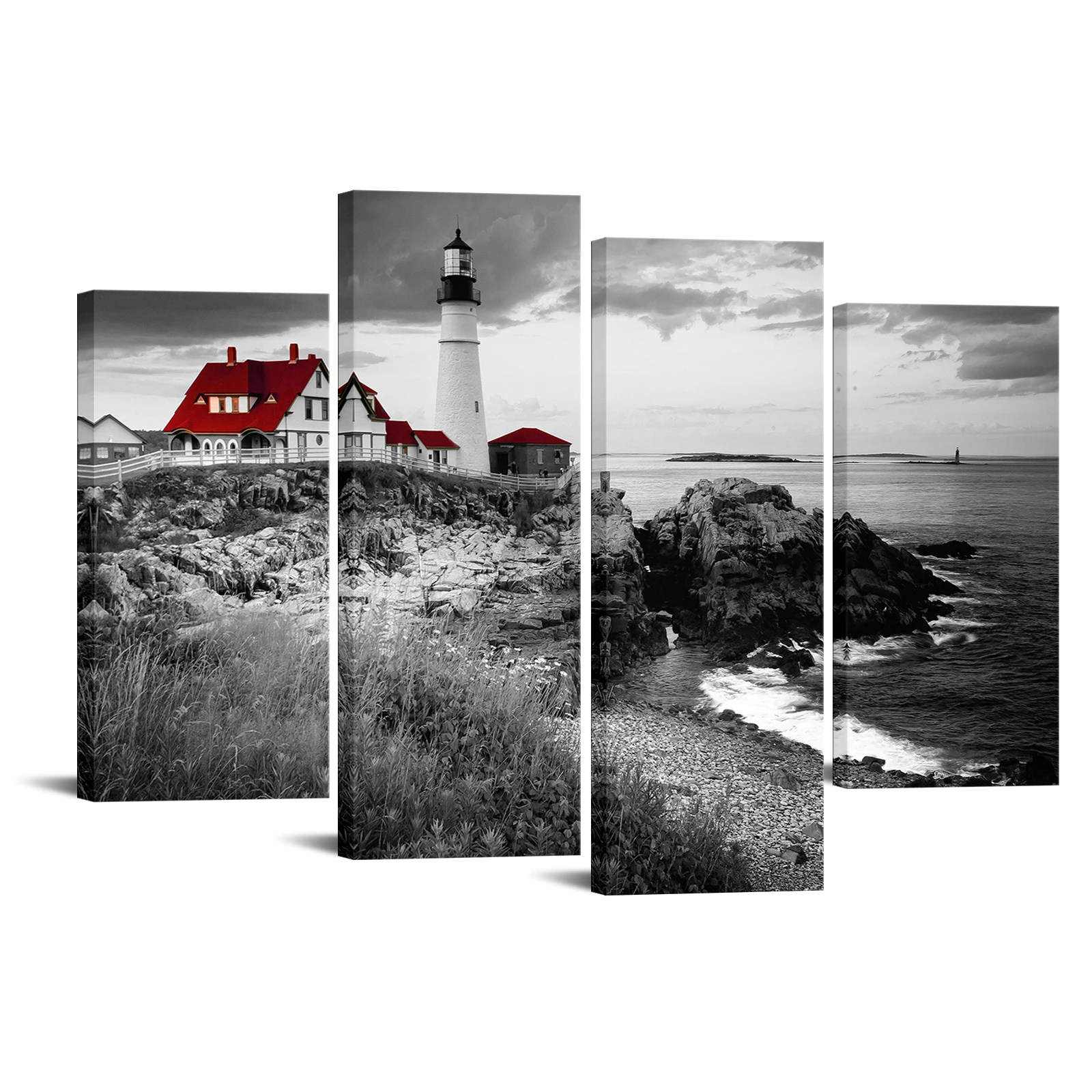 

4 Pieces Coast Landscape Home Decor Poster Lighthouse and House Print Canvas Art Modern Style Picture Living Room Wall Art