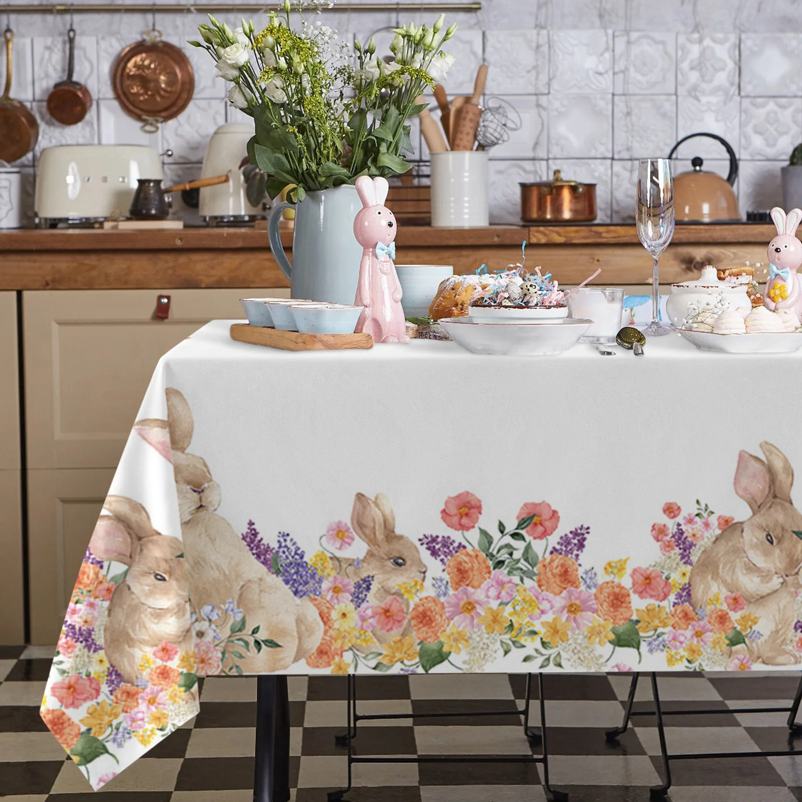 

Rabbit Flower Watercolor Table Cloth Waterproof Dining Tablecloth Kitchen Decorative Party Table Cover