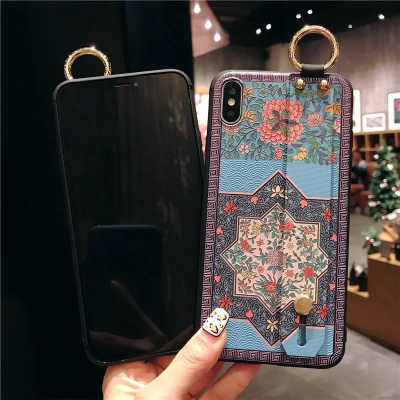 Traditional Flower Soft TPU Phone Holder Case with Wrist Strap Cover