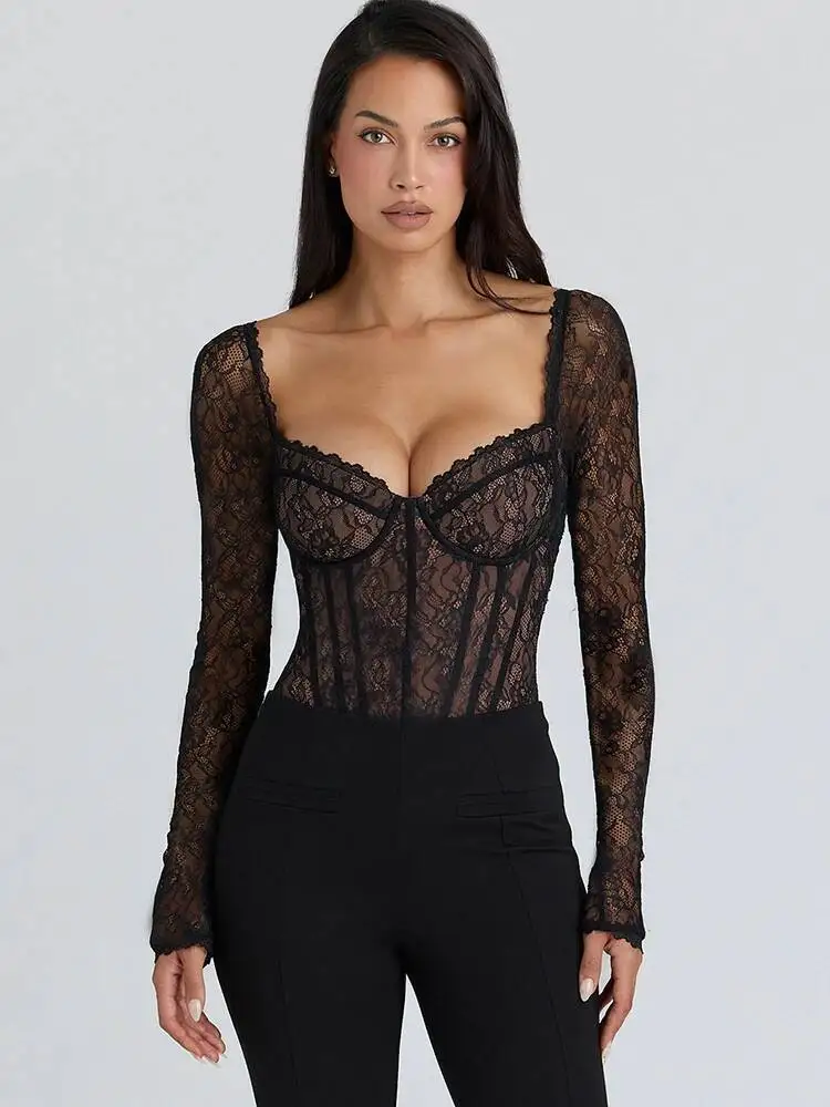 JULISSA MO Sexy Square Collar Sheer Lace Zipper Women Bodysuit Long Sleeve Print Floral Lady Winter Bodycon Elegant Playsuit New
