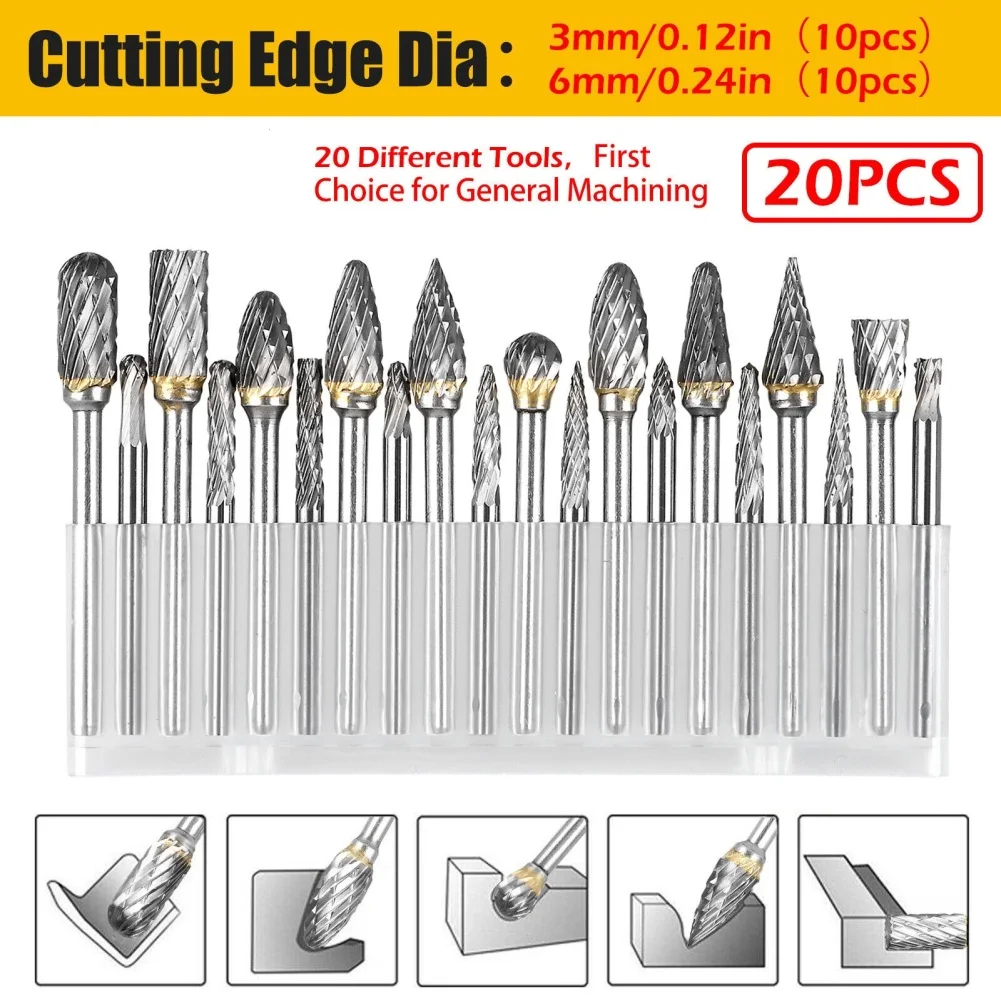 

20pcs Rotary Burrs Set With 1/8" Shank 3x3mm/3x6mm Double Cut Milling Cutter For Metal Carving Wood Working Engraving Polishing