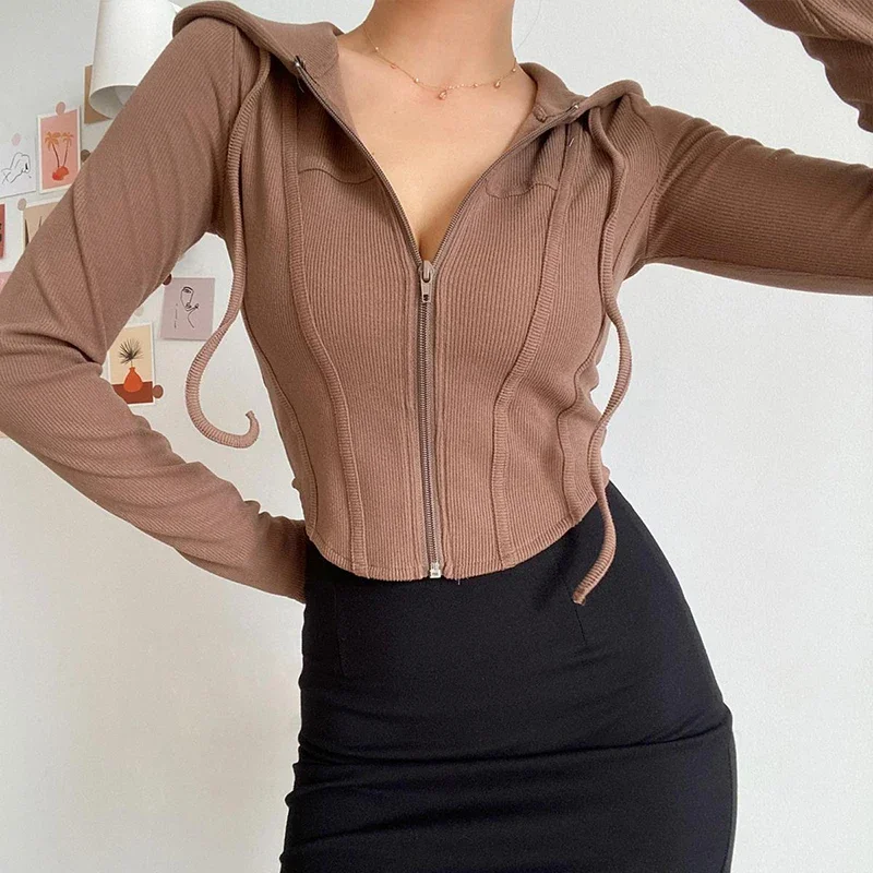 스트리트 슬림 피트 자른 자켓 여성 한국 패션 긴 소매 후드 자르기 탑 여성 와일드 립 지퍼 업 스웨트 Mujer