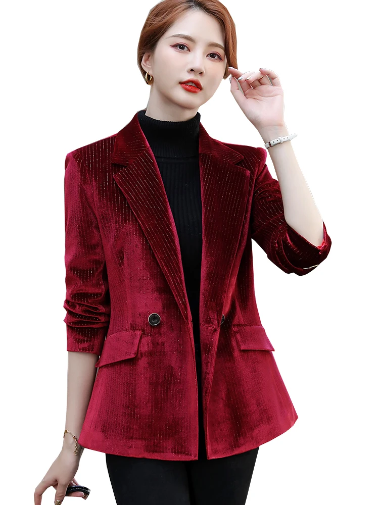 

Autumn Winter Red Blue Green Stripe Ladies Blazer Women Business Work Wear Long Sleeve Single Breasted Formal Jacket Coat