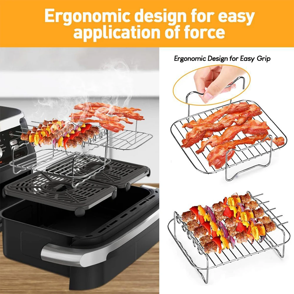 Air Fryer Accessories Rectangle Dual Basket Double Layer Grill Skewer Rack For Ninja DZ201 DZ401 DZ550 Roasting Cooking