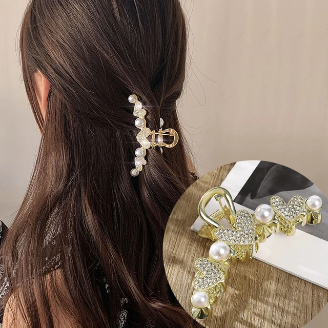 AWAYTR Rhinestone Metal Hair Claw Crab Clip For Women Girls Shiny Barrette Hairpin Crystal Pearl Hair Accessories Jewelry Gift CB1228A 8cm