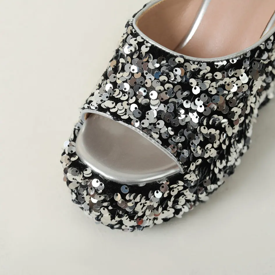 Sparkly Bling Platform Wedges Sandals Women Slip on Sequin Outdoor Slippers Comfy 2024 Summer Shoes Super High Heels Footwear