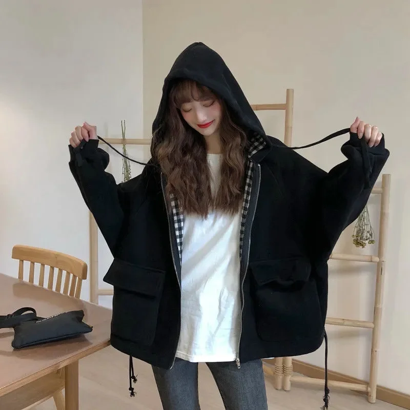 Spring ins Thickened Woolen Coat Female Students 2022 New Women's Korean Version Loose BF Casual Wild Hooded Top Solid Color W52