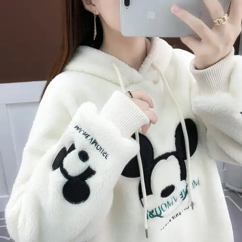 디즈니 미키 마우스 프린트 스웻셔츠, 두꺼운 플러시 안감, 루즈한 한국 패션, 올매치 오버사이즈 카와이 후드티 3
