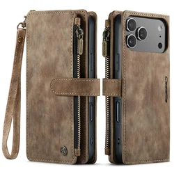 CaseMe Zipper Wallet Flip Leather Phone Case with Multi - Card Slots for iPhone 13 Pro (Brown)
