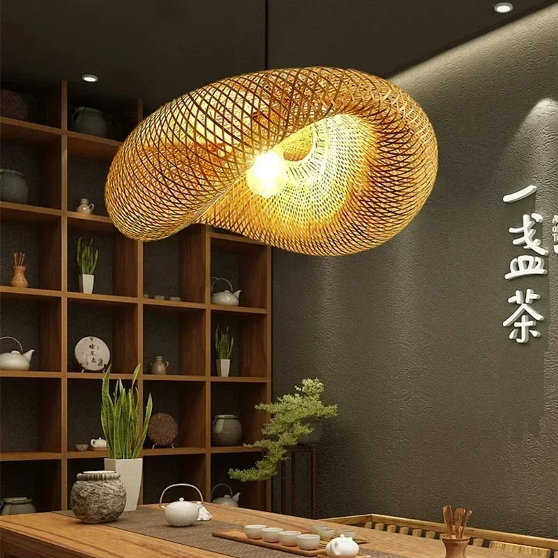 Pendant Lamp HandMade Bamboo Weaving LED Pendant Lamp Home Decor Hanging Chandelier Lighting Living Room Kitchen Vintage Rattan Woven Light