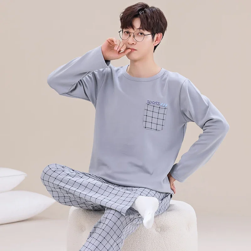 2024 New Cotton Spring Long Sleeve Nightwear for Men Autumn Home Clothes 2 Pieces Set Male Plaid Pant Sleeping Top Pajamas Set 2023 cotton pajamas set for couples spring autumn long sleeves sleeping top