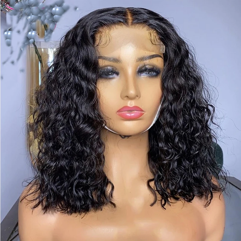 

Short Bob 16Inch Glueless 180Density Natural Black Kinky Curly Lace Front Wig For Women with Babyhair Preplucked Heat Resistant