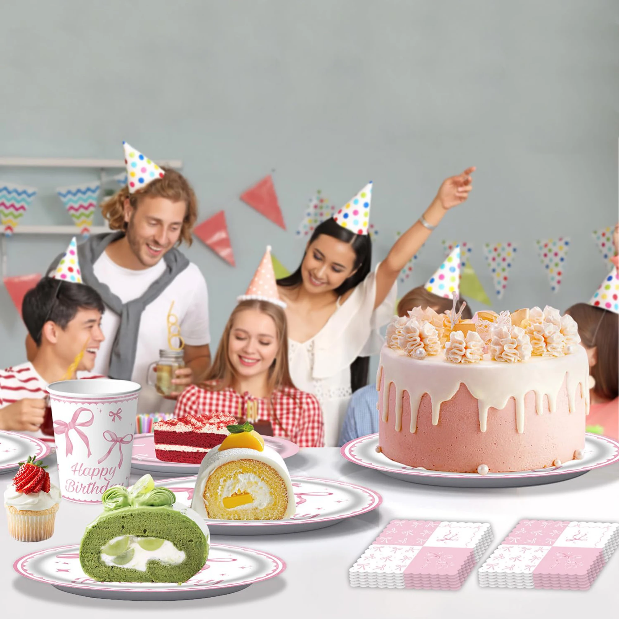 Rose Gold Party Decorations Set 100 Pcs Disposable Dinnerware and Decor for Birthday Celebration Pink Bow Theme